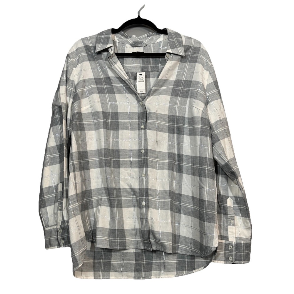 NWT Talbots Shirt Womens Large Gray White Plaid Classic Button Up Top Collared